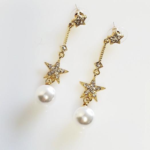 Pearl & Stars Gold Crystal Drop Star Earrings - Pretty Fab Things