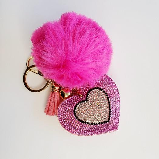 Fuchsia Pompom Rhinestone Heart Tassel Key Chain - Pretty Fab Things