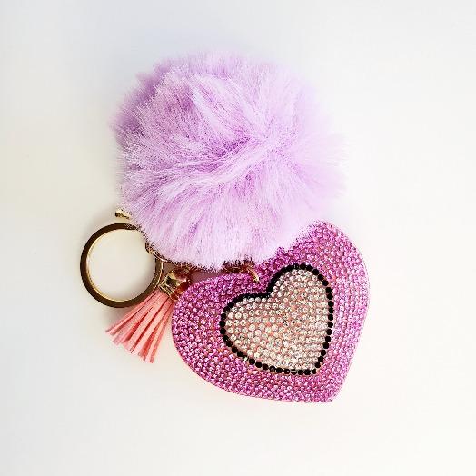 Pink Pompom Rhinestone Heart Tassel Key Chain - Pretty Fab Things