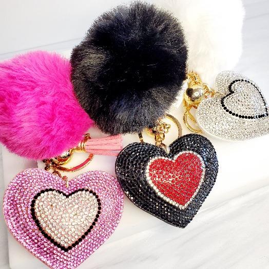 Pompom Rhinestone Heart Tassel Key Chain - Pretty Fab Things