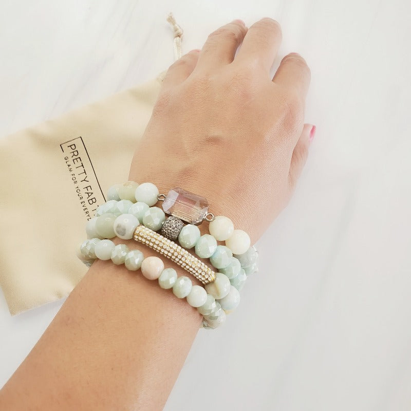 Minty Green Crystal Pave Bar Amazonite Bracelet Set